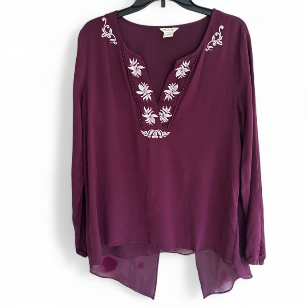 ARIAT Poet Top Burgundy Floral Embroidery Sheer Overlay Blouse Tunic Boho Size L - Picture 1 of 16